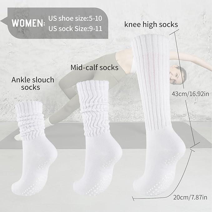 COOVAN Grip Pilates Socks for Women 3 Pairs Yoga Slouch Crew Long Scrunch Slipper Socks for Barre Ballet Dance Hospital