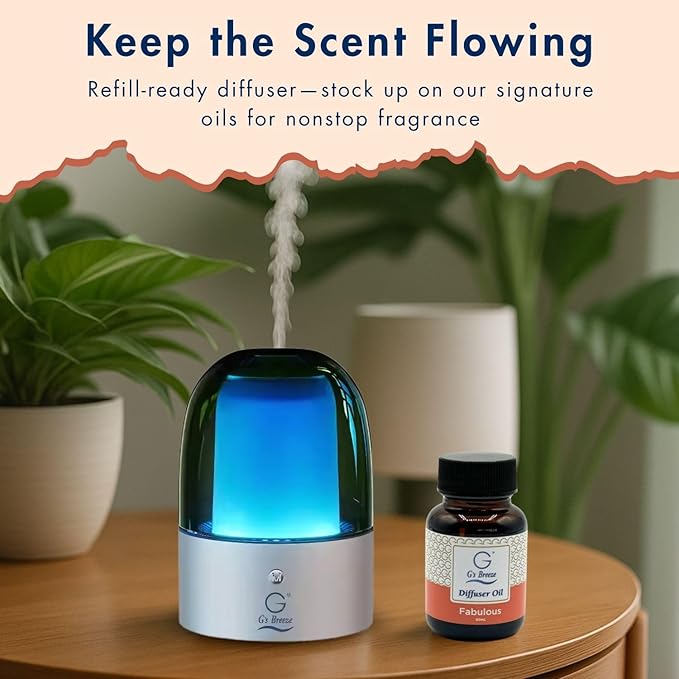 G's Breeze Smart Aroma Diffuser with 60ml Fabulous Scent Refill – Bluetooth & Wi-Fi App Control - LED Lighting, Adjustable Intensity - Long-Lasting Elegant Floral Fragrance for Home or Office