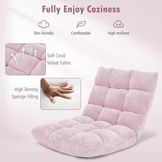 Moccha 14-Position Floor Sofa, Folding Sofa Chair with Back Support, Memory Foam Floor Gaming Chairs for Adults, Adjustable Padded Couch Recliner, Chaise Lounge for Reading, Meditating (Light Pink)