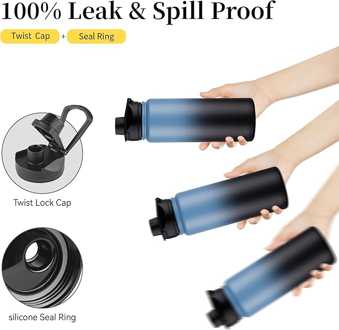 24 oz Insulated Water Bottle Bulk 4 Pack, Stainless Steel Sports Water Bottles with Straw Lid & Wide Mouth Lids, Double Walled Vacuum, Leak Proof, Blue Black Gradient