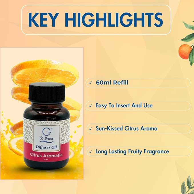 G's Breeze Smart Aroma Diffuser with 60ml Citrus Aromatic Scent Refill – Bluetooth & Wi-Fi App Control, LED Lighting, Adjustable Intensity, Long-Lasting Fresh Zesty Citrus Fragrance for Home or Office