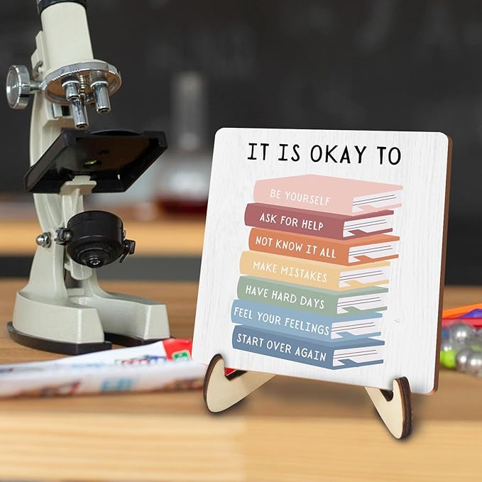 Decorative Desk Decor Motivational Okay Affirmations Positive Plaque with Wooden Stand Inspirational Wood Sign for Nursery Playroom Homeschool Classroom Reading Corner Table Shelf Book Lover Gifts