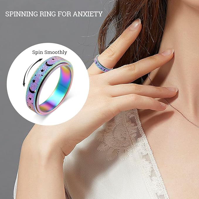Anxiety Ring for Women Spinner Ring Fidget Ring Fidget Toys Adults Thumb Spinner Rings for Men Stainless Steel Moon Star Rainbow Size 9