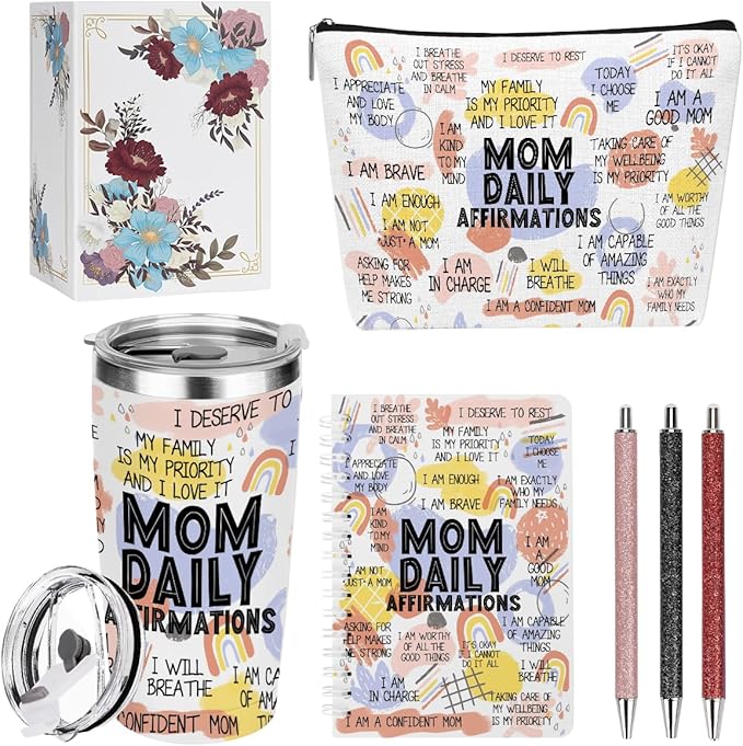 Mom Daily Affirmations for Women Mom Gifts Mother Mental Health Birthday Christmas Mothers Day Inspirational Thank You Gifts for Women Mama Mommy to Be, 20oz Tumbler Makeup Bag Pen Notebook, 6PCS