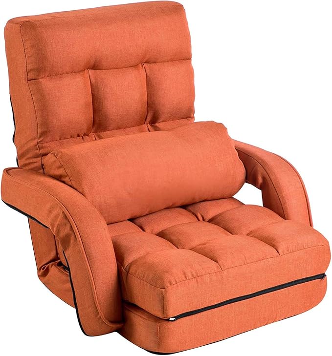 Floor Chair, Chaise Lounge Indoor, 14-Position Adjustable Folding Lazy Sofa with a Pillow Padded Adults Gaming Chairs for Living Room, Bedroom Factory Price (Orange) 8803OR