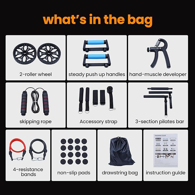 Push-up board, home gym, portable fitness equipment, Pilates bar, and 20 fitness accessories, including resistance bands and an ab wheel, for full-body workouts at home