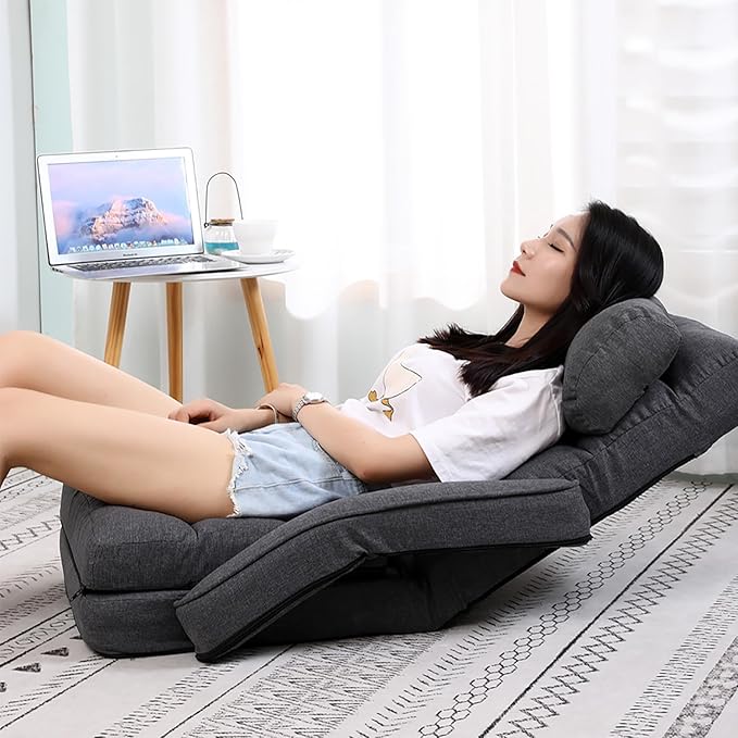 FLOGUOR 14-Position Adjustable Floor Chair, Chaise Lounge Indoor, Folding Lazy Sofa with Armrests and a Pillow Padded Adults Gaming Chairs for Living Room, Bedroom Factory Price,8803 (Grey)