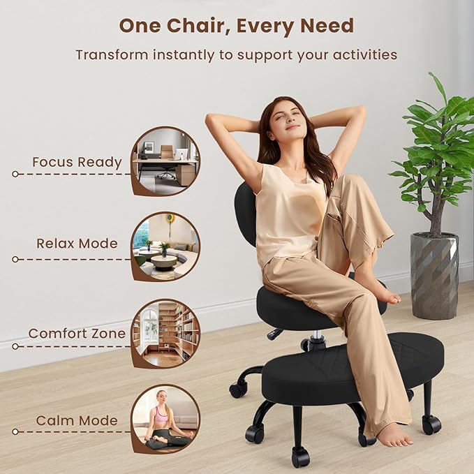 Cross Legged Office Chair with Wheels, Wide Criss Cross Kneeling Home Office Desk Chairs with Back Support, Ergonomic Adjustable Height ADHD Stool with Rotating Footrest for Yoga Meditation