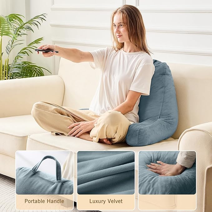 Sasttie Reading Pillow, Velvet Back Pillow for Bed Sitting Up, Adult Back-Rest Support Cushion with Arms for Sit Up on Couch, Sofa, and Floor, Dorm Essentials, Reading Accessories, Bluish Grey