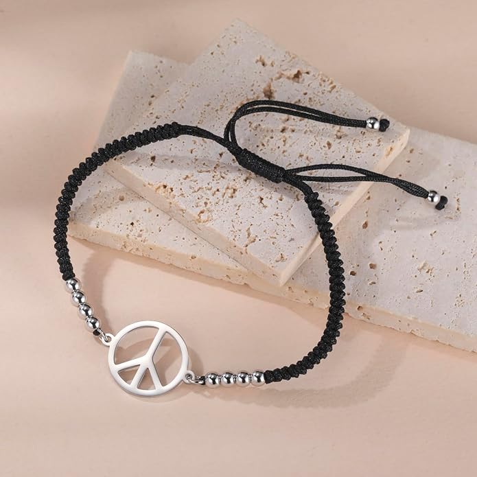 LIKGREAT Peace Adjustable Beaded Bracelet Peace Sign Symbol Pendant Handmade Braided Wax Cords Bracelet for Women