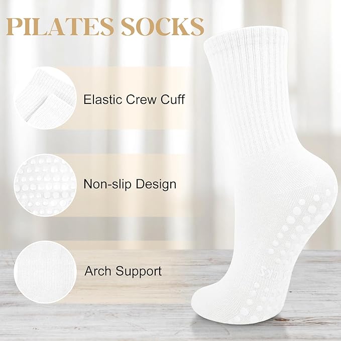 Justay 6 Pairs Pilates Socks with Grips for Women Soft Non Slip Crew Cotton Athletic Workout Barre Hospital Yoga Socks