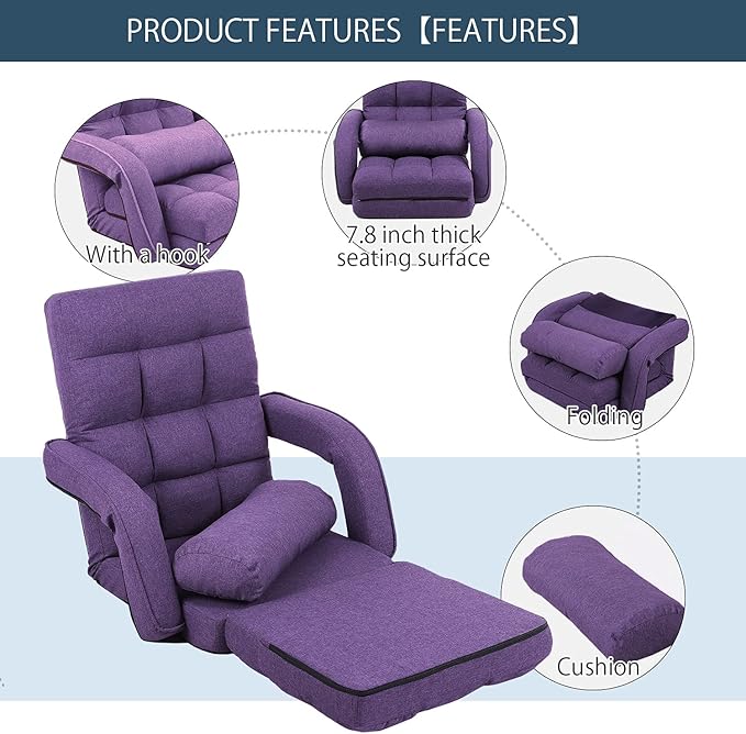 FLOGUOR Floor Chair, Chaise Lounge Indoor, 14-Position Adjustable Folding Lazy Sofa with Armrests and a Pillow Padded Gaming Chairs for Living Room, Bedroom Factory Price (Purple) 8803PU