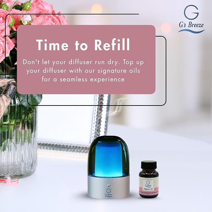 G's Breeze Smart Aroma Diffuser with 60ml Dark Chocolate & Strawberry Refill – Wi-Fi & Bluetooth Control, LED Light, Adjustable Intensity, Long-Lasting Sweet Fruity Gourmand Scent for Home or Office