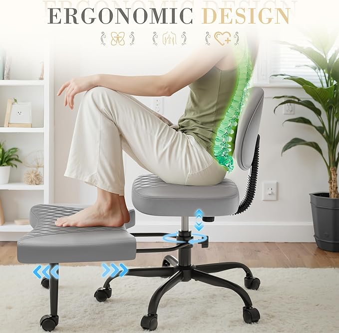 Furmax Ergonomic Criss Cross Legged Office Chair with Wheels, 360°Swivel Adjustable Height Kneeling Desk Chair with Footrest for ADHD, Yoga, Meditation, Home Office (Leather, Gray)