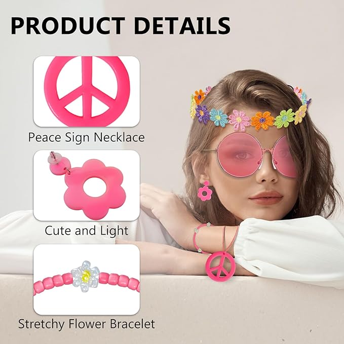 Hippie Costume Accessories Set Peace Sign Necklace Sunglasses Flower Headband Earrings for 60s 70s Outfit Party Women