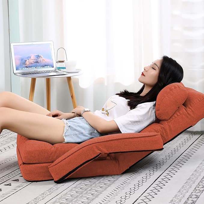 FLOGUOR 14-Position Adjustable Floor Chair, Chaise Lounge Indoor, Folding Lazy Sofa with Armrests and a Pillow Padded Adults Gaming Chairs for Living Room, Bedroom Factory Price,8803 (Orange)