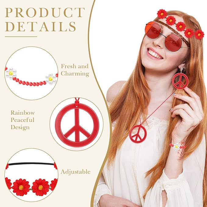 Batiyeer 6 Pcs Hippie Costume Accessories Set, Boho Peace Sign Daisy Flower 60s 70s Party Favors Decor for Groovy Party Women
