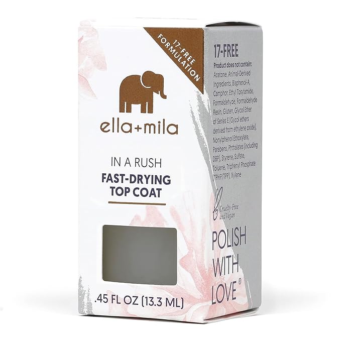 ella+mila In a Rush Fast - Dry Top Coat Nail Polish with High Glossy Shine. This clear nail polish features a UV inhibitor to resist yellowing and comes in a 0.45 fl oz bottle