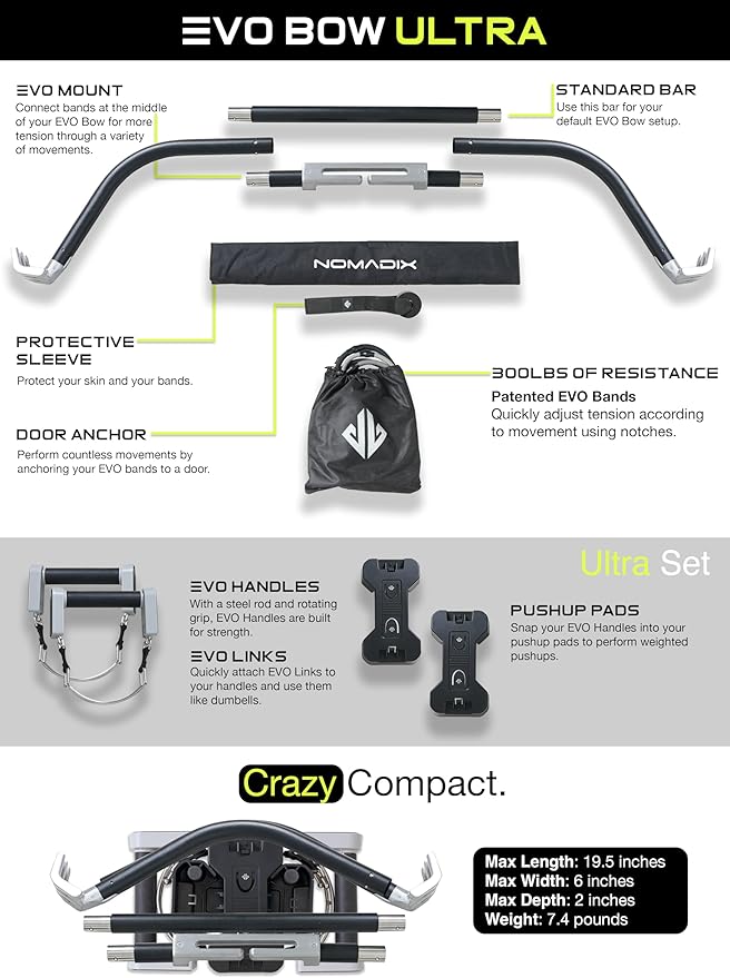 EVO Bow - All in One Portable Home Gym System | Compact Strength Training and Exercise Equipment for Travel with Notched Resistance Bands for Full Body Training and Weighted Pushups | 300lbs