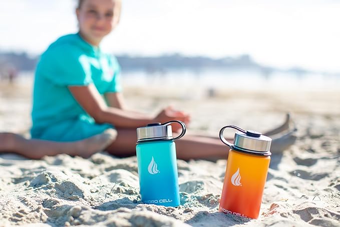 HYDRO CELL Stainless Steel Insulated Water Bottle with Straw - For Cold & Hot Drinks - Metal Vacuum Flask with Screw Cap and Modern Leakproof Sport Thermos for Adults (Red/Orange 14oz)