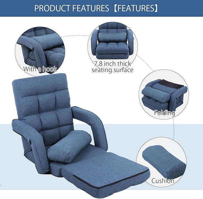 FLOGUOR 42-Position Adjustable Floor Chair, Chaise Lounge Indoor, Folding Lazy Sofa with Armrests and a Pillow Padded Adults Gaming Chairs for Living Room, Bedroom Factory Price, 8803XM (Blue)