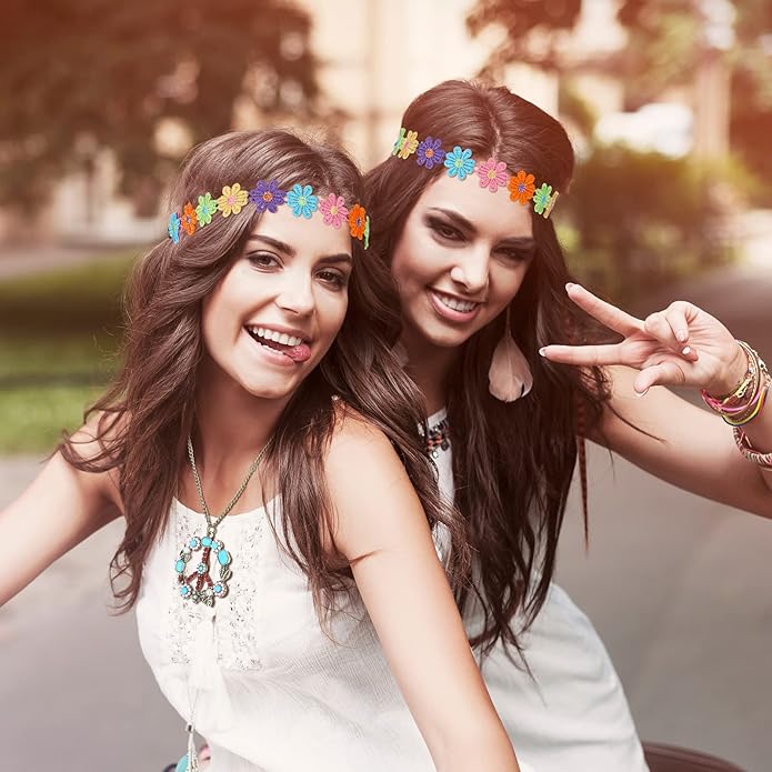 4 Pcs Hippie Costume Accessories Set 70s Peace Sign 60s Outfits for Women Necklace Daisy Earrings Flower Headband Sunglasses