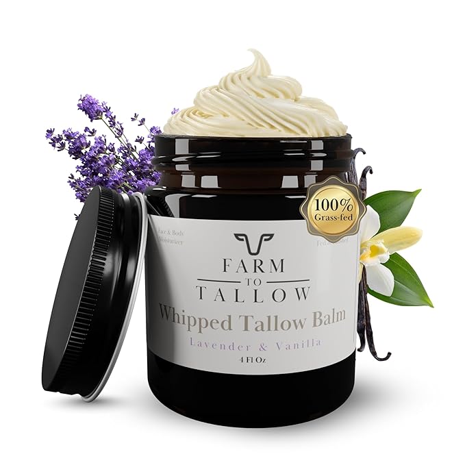 FARM TO TALLOW 100% Grass-Fed Beef Tallow for Skin, Face & Body – Lavender Vanilla Moisturizer Made with Olive Oil – Gentle & Hydrating Natural Skincare Cream for Dry, Sensitive Skin – 4 Oz