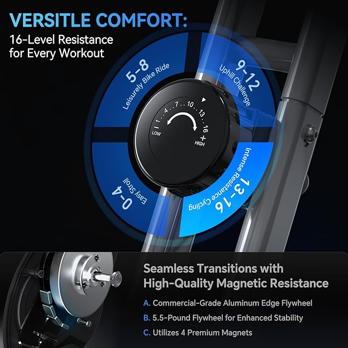 Foldable Exercise Bike for Small Apartments, Stationary Bikes for Home, Indoor Portable Cycling Bike with 16-Level Magnetic Resistance, 260LBS Capacity, 5.5 LBS Flywheel, Designed for Small Space Workout 816