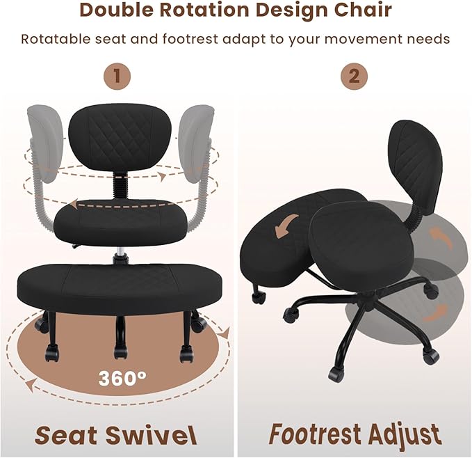 Cross Legged Office Chair with Wheels, Wide Criss Cross Kneeling Home Office Desk Chairs with Back Support, Ergonomic Adjustable Height ADHD Stool with Rotating Footrest for Yoga Meditation