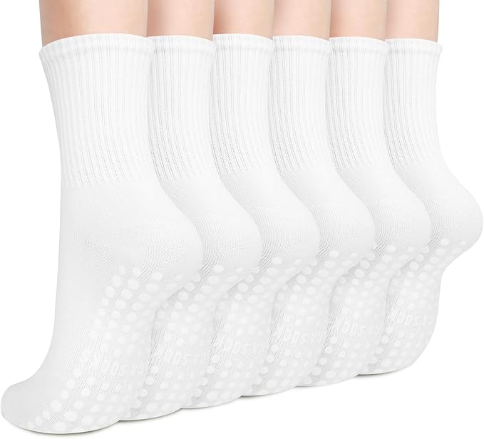 Justay 6 Pairs Pilates Socks with Grips for Women Soft Non Slip Crew Cotton Athletic Workout Barre Hospital Yoga Socks