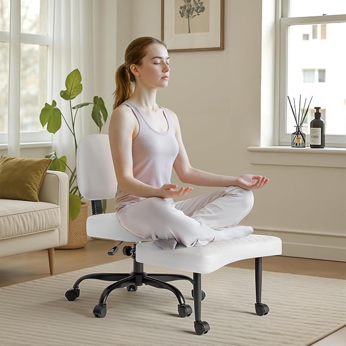 Furmax Ergonomic Criss Cross Legged Office Chair with Wheels, 360°Swivel Adjustable Height Kneeling Desk Chair with Footrest for ADHD, Yoga, Meditation, Home Office (Leather, White)