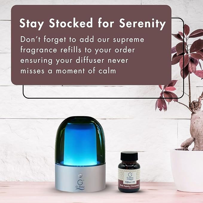 G's Breeze Smart Aroma Diffuser with 60ml Red Apple Cinnamon Refill - Wi-Fi & Bluetooth Control - LED Light & Adjustable Intensity - Long-Lasting Warm Spicy Fruity Scent for Home or Office