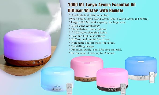 BlueHills Premium 1000 ML XL Essential Oil Diffuser Aromatherapy Humidifier with Remote for Large Room Home 18 Hour Run Huge Coverage Area 1 Liter Mood Lights Extra Large Capacity White D001