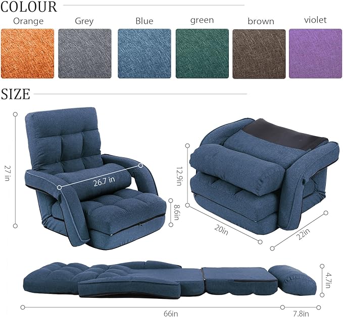 FLOGUOR 42-Position Adjustable Floor Chair, Chaise Lounge Indoor, Folding Lazy Sofa with Armrests and a Pillow Padded Adults Gaming Chairs for Living Room, Bedroom Factory Price, 8803XM (Blue)