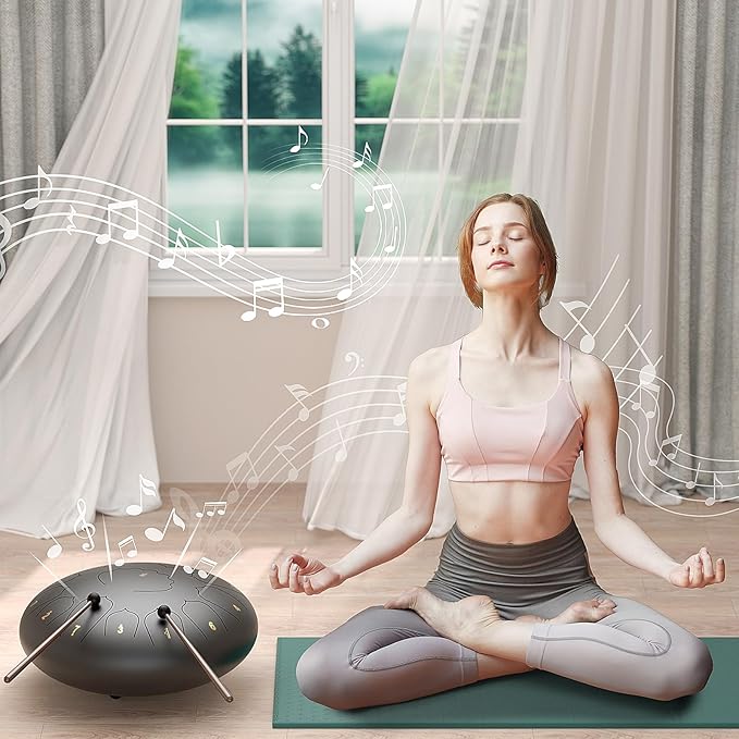 Large Steel Tongue Drum Handpan: 12 Inches 13 Notes Rain Drums for Outside Garden, Meditation Hand Pan with Music Book, Mallets and Carry Bag, Musical Instrument for Adult Kid Gift (Black)