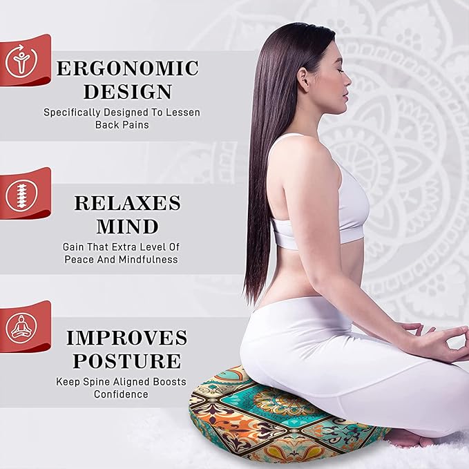 Mandala Meditation Cushion, Boho Meditation Mat, Meditation Pillows for Sitting on Floor, Cushions for Sitting in Home and Outdoor, Round Floor Pillows Cushion Seating for Yoga 22'' X 22''