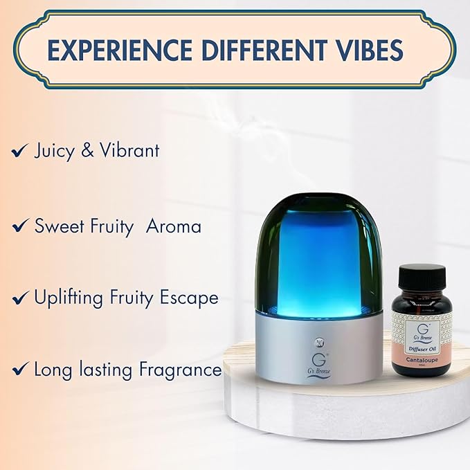 G's Breeze Smart Aroma Diffuser with 60ml Cantaloupe Scent Refill – Bluetooth & Wi-Fi App Control - LED Lighting & Adjustable Intensity - Long-Lasting Sweet Fruity Fragrance for Home or Office