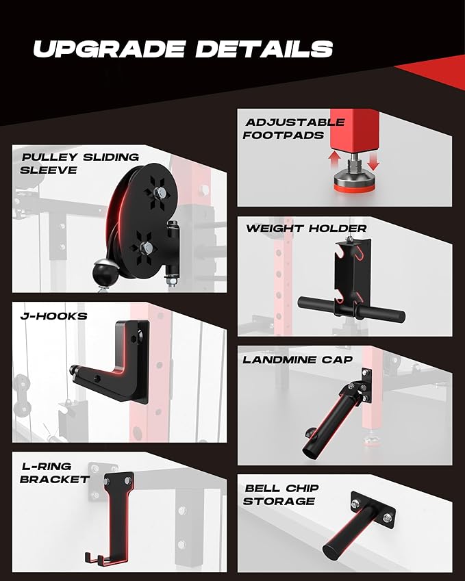Folding Power Rack, Wall Mounted Squat Rack with Dual Independent Pulley System, Multi-Function Power Cage with 5 Adjustable Function Modes, Power Rack Trainer for Space Saving Home Gym