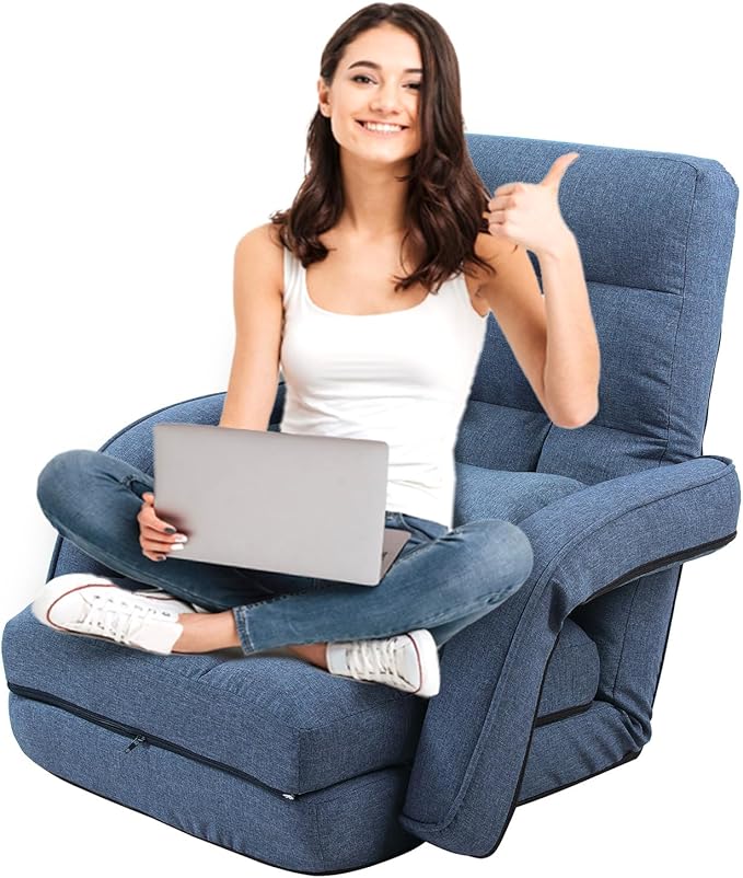 FLOGUOR 42-Position Adjustable Floor Chair, Chaise Lounge Indoor, Folding Lazy Sofa with Armrests and a Pillow Padded Adults Gaming Chairs for Living Room, Bedroom Factory Price, 8803XM (Blue)
