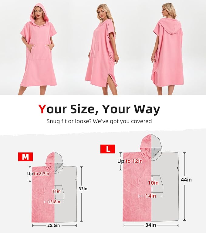 Abahub Surf Poncho Men & Women Towel Poncho Adult with Hood, Thick Quick Dry Changing Poncho Towel, Microfiber Wearable Cover Up for Surfing Beach Swim - Absorbent Changing Towel M (Pink)