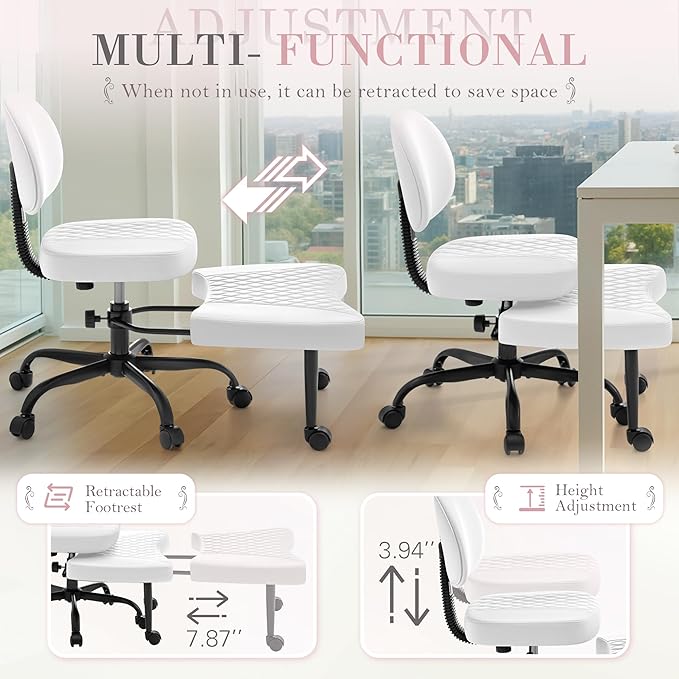Furmax Ergonomic Criss Cross Legged Office Chair with Wheels, 360°Swivel Adjustable Height Kneeling Desk Chair with Footrest for ADHD, Yoga, Meditation, Home Office (Leather, White)