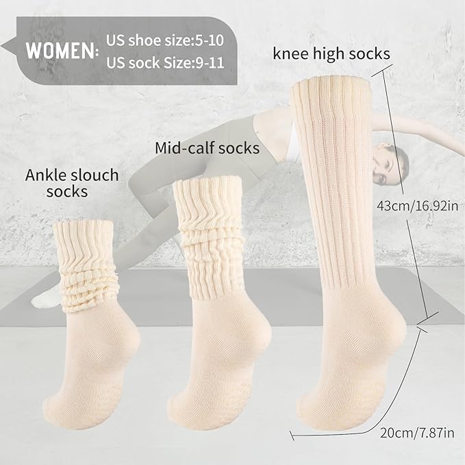 COOVAN Grip Pilates Socks for Women 3 Pairs Yoga Slouch Crew Long Scrunch Slipper Socks for Barre Ballet Dance Hospital