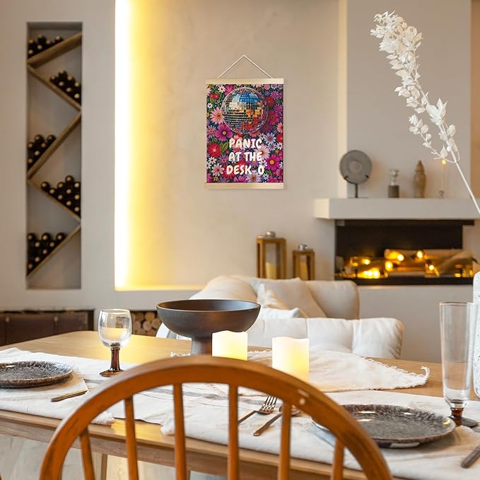 JINYO Maximalist Eclectic Disco Ball Wall Decor, Trendy Retro Dopamine Floral Wall Art Poster, Panic at the Desk-O Mental Health Canvas Prints Wall Decor for Girly Room Bedroom Office, 12x16 Inches