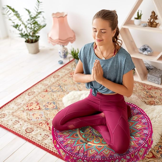 Mandala Meditation Cushion, Boho Meditation Mat, Meditation Pillows for Sitting on Floor, Cushions for Sitting in Home and Outdoor, Round Floor Pillows Cushion Seating for Yoga 22'' X 22''