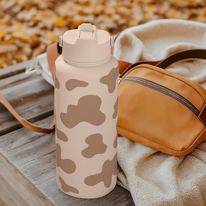 Cow Print Water Bottle 32oz Stainless Steel with Lid, Insulated Bottles for Sports Travel Outdoor, Gifts for Women Girls Birthday Christmas