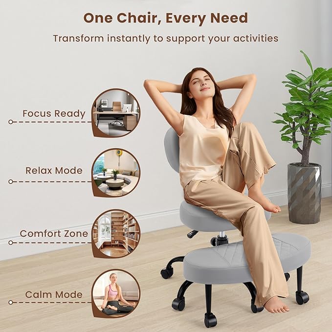 Cross Legged Office Chair with Wheels, Wide Criss Cross Kneeling Home Office Desk Chairs with Back Support, Ergonomic Adjustable Height ADHD Stool with Rotating Footrest for Yoga Meditation