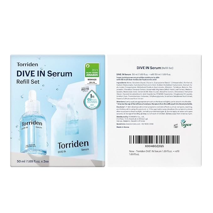 Torriden DIVE IN Serum 1.69 fl oz + refill pouch 1.69 fl oz | Deep Hydration to Get Glow Skin | Hyaluronic Acid, Panthenol, Allantoin | Korean Facial Serum