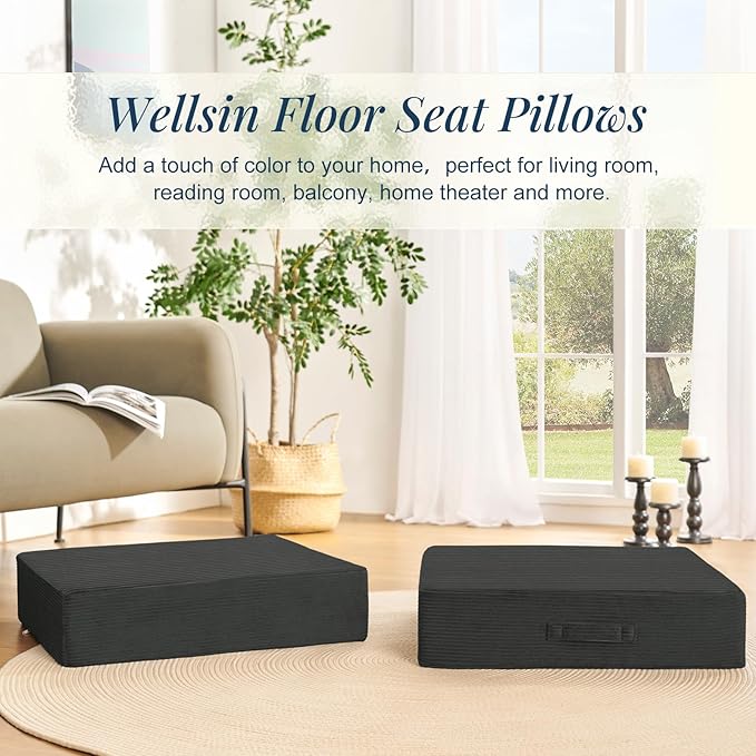 Solid Square Floor Pillows for Adults Kids - Large Meditation Floor Pillow Seating Cushion with Thick Foam & Washable Velvet Cover, 2 Pack, 22x22x5 Inch, Gray