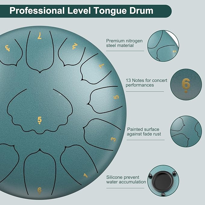 D Major Steel Tongue Drum Handpan, 12 Inch 13 Note Rain Drum for Outside Garden, Meditation Rain Chime, Musical Percussion Instrument for Adult Gift with Bag, Music Book, Drum Mallets (Moss Blue)