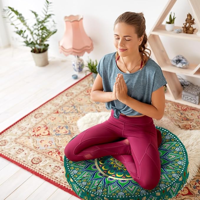 Mandala Meditation Cushion, Boho Meditation Mat, Meditation Pillows for Sitting on Floor, Cushions for Sitting in Home and Outdoor, Round Floor Pillows Cushion Seating for Yoga 22'' X 22''
